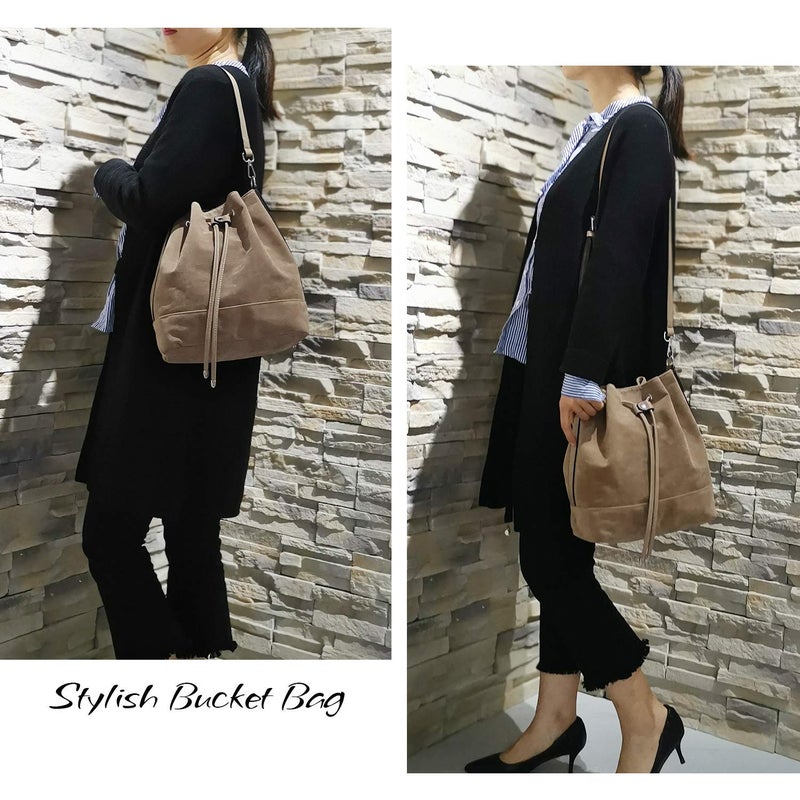 AFKOMST Leather Bucket Bags and Drawstring Crossbody Purse for Women Medium Tote and Hobo Handbags with 2 Shouder Straps - Image 3